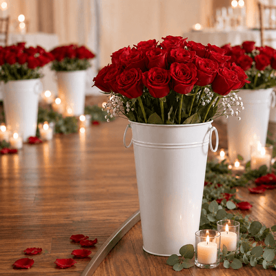 White flower market bucket filled with red roses on a floor with candles - thumbnail number 5