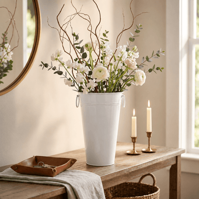 White flower market bucket filled with white florals and branches on a console table - thumbnail number 6
