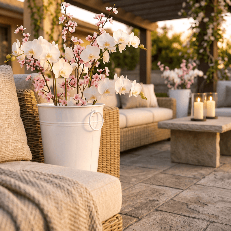 White flower market bucket filled with orchids and cherry blossoms on an outdoor patio - thumbnail number 7