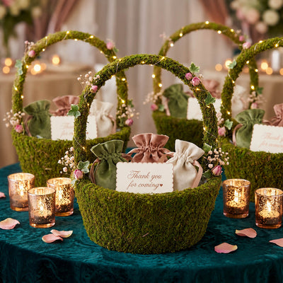 Preserved natural moss baskets filled with favor bags and a thank you sign - thumbnail number 7