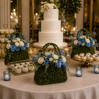 Natural preserved moss purse planters displayed on a dessert table - thumbnail number 5