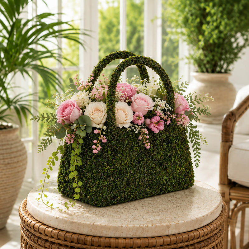 Natural preserved moss purse planter on a stool - thumbnail number 8