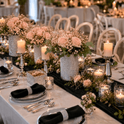 Silver glitter vases with pink roses and candles on a reception table - thumbnail number 4