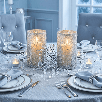 Two glass candle holders covered in silver German glass glitter on a winter tablescape - thumbnail number 5