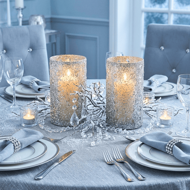 Two glass candle holders covered in silver German glass glitter on a winter tablescape - thumbnail number 5