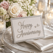 Happy Anniversary sign outlined in silver German glass glitter on a plate - thumbnail number 8
