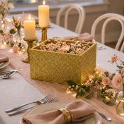 Gold glitter planter box filled with pink flowers on a wedding table setting - thumbnail number 3