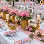 Gold glitter vases and candle holders styled with pink flowers for a wedding table - thumbnail number 5