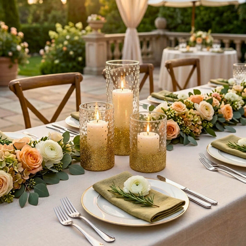 Glass candle holders dipped in gold glitter on a wedding table with floral runner - thumbnail number 4