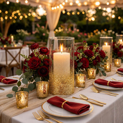 Gold glitter glass candle holders on an evening wedding table with red roses - thumbnail number 6