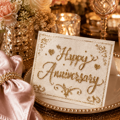 Happy Anniversary card adorned with sparkling gold glass glitter on a table setting - thumbnail number 8