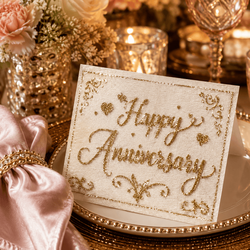 Happy Anniversary card adorned with sparkling gold glass glitter on a table setting - thumbnail number 8