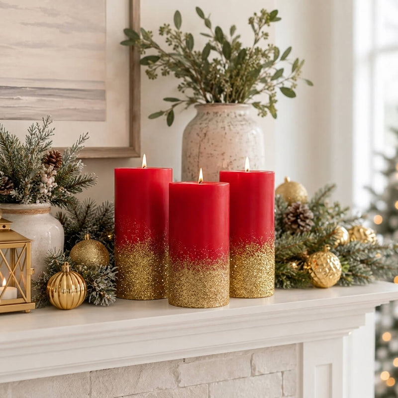 Red pillar candles dipped in gold glitter on a holiday mantelpiece - thumbnail number 9
