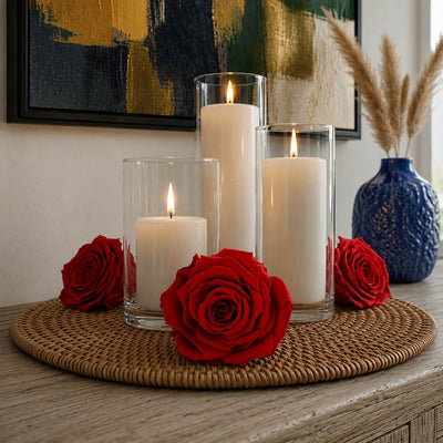 Preserved red roses surrounding glass-enclosed pillar candles - thumbnail number 8