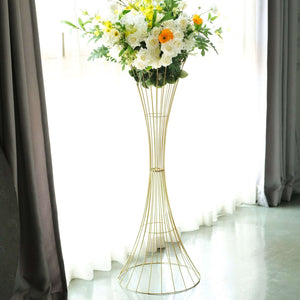 48" Tall Gold Metal Wire Trumpet Flower Centerpiece Stand – Reversible Hourglass Pedestal Prop