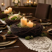 Grapevine twig bird nest with candles on a table setup - thumbnail number 3