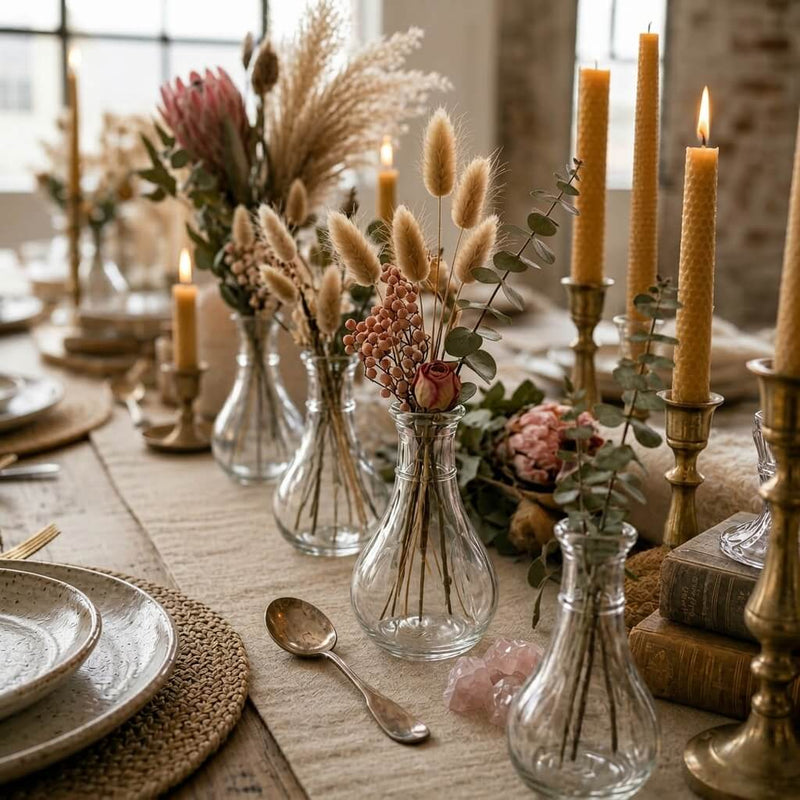 Small clear glass bud vases with dried floral arrangements on a rustic dining table - thumbnail number 5