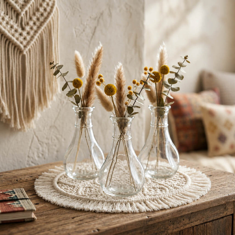 Three 3.5" pinched bud vases with yellow billy balls and dried grasses on a macrame mat - thumbnail number 6