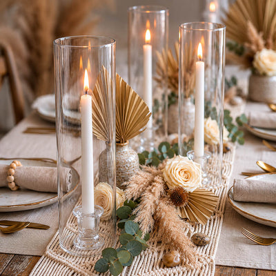Simple Glass Taper Candle Holder stands inside chimney shades on a boho chic macrame runner - thumbnail number 4