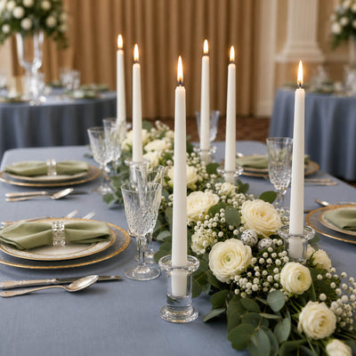 Simple Glass Taper Candle Holder stands with lit candles on a dusty blue garden gala tablescape - thumbnail number 5