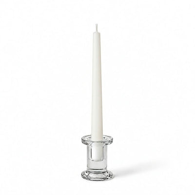Simple Glass Taper Candle Holder holding a single unlit white candle on a solid white background - thumbnail number 2