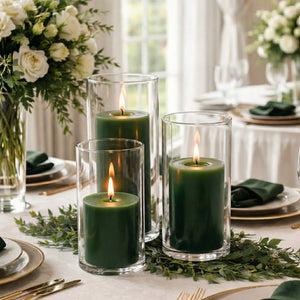 Richland Pillar Candle 9" & Eastland Cylinder Holder 10.5" Set of 12 (Choose your Color)