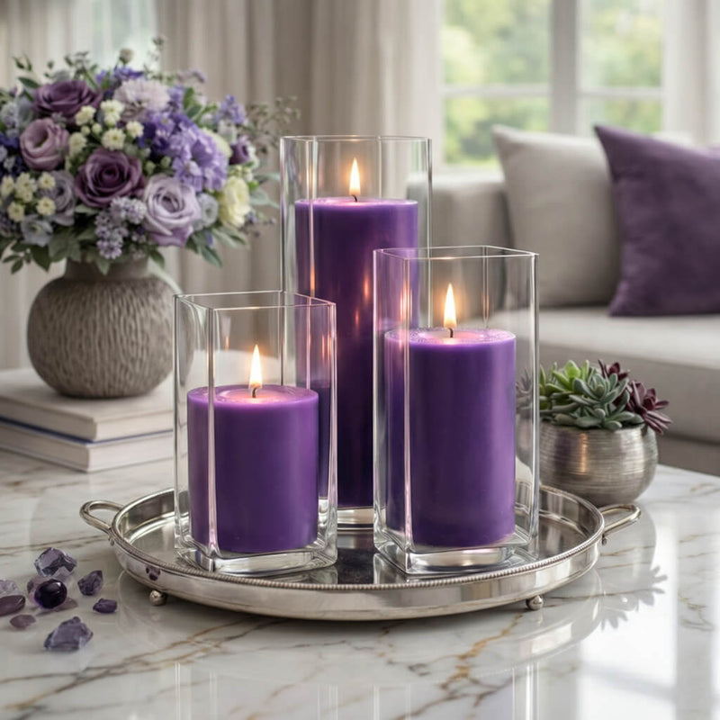 Richland Pillar Candles 3"x3", 3"x6" & 3"x9" Purple Set of 12 - thumbnail number 7