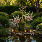 Potted gold faux manzanita tree by pond with lanterns and flowers - thumbnail number 8