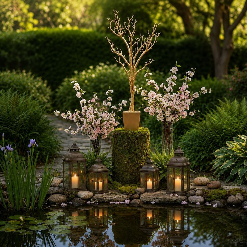 Potted gold faux manzanita tree by pond with lanterns and flowers - thumbnail number 8