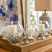 Flat Gem Vase Filler styled with candles in glass bowls on a wooden tray - thumbnail number 5