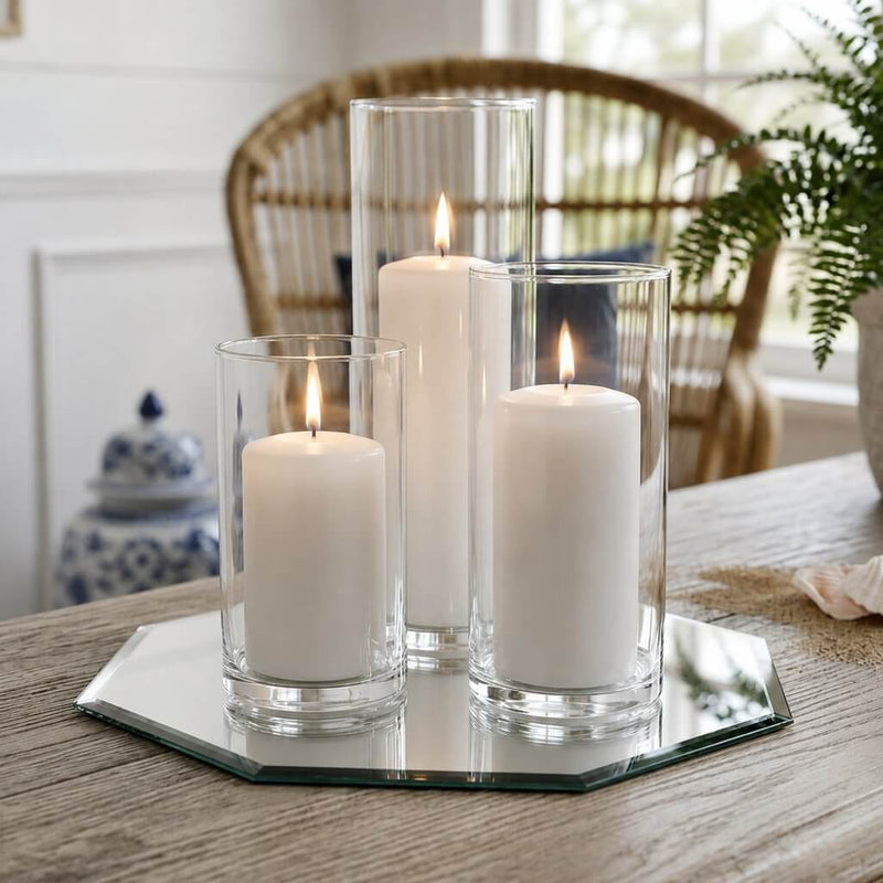 Three lit pillar candles in glass cylinder vases on an octagonal mirror tray - thumbnail number 6