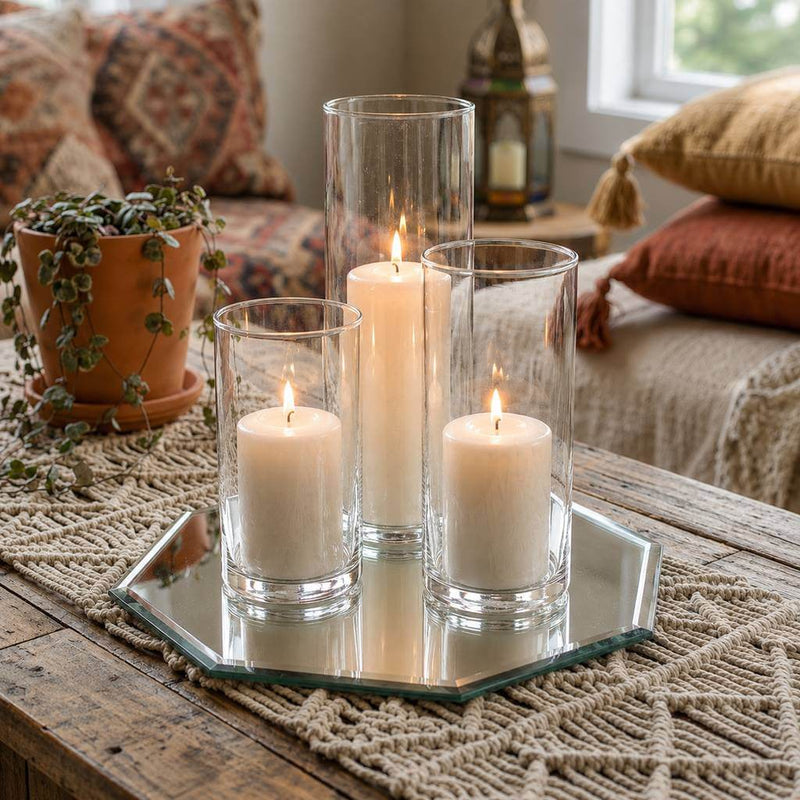 Three lit pillar candles in glass cylinder vases on a octagonal mirror tray - thumbnail number 3