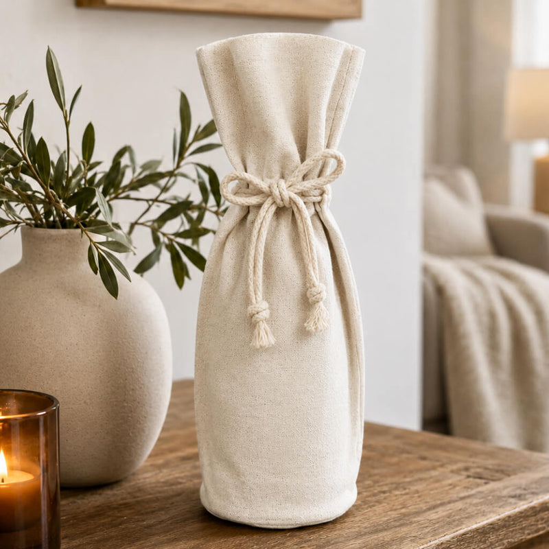 Canvas wine bottle gift bag with a drawstring tie on a wooden table - thumbnail number 5