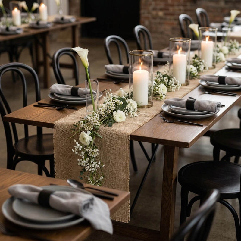 Burlap table runner with candles and white florals - thumbnail number 6