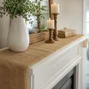 Burlap table runner on a mantle with vase and candles - thumbnail number 8