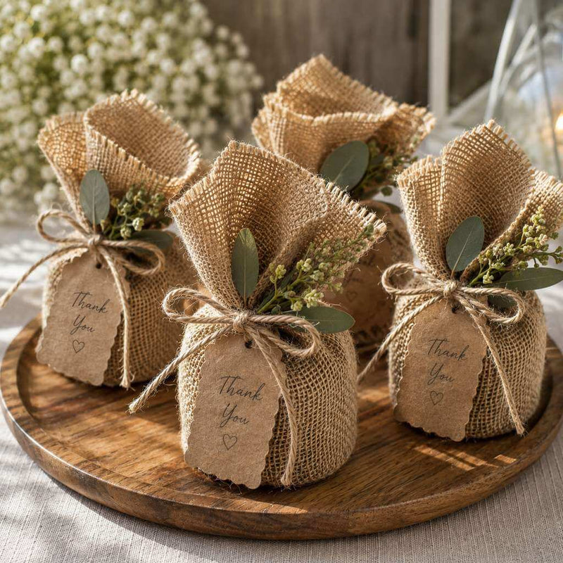 Burlap favor bags made with wrap squares, tied with twine, greenery, and thank you tags - thumbnail number 3