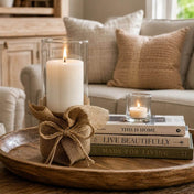 Glass candle holder wrapped in a burlap wrap square with a twine bow on a wooden tray - thumbnail number 7