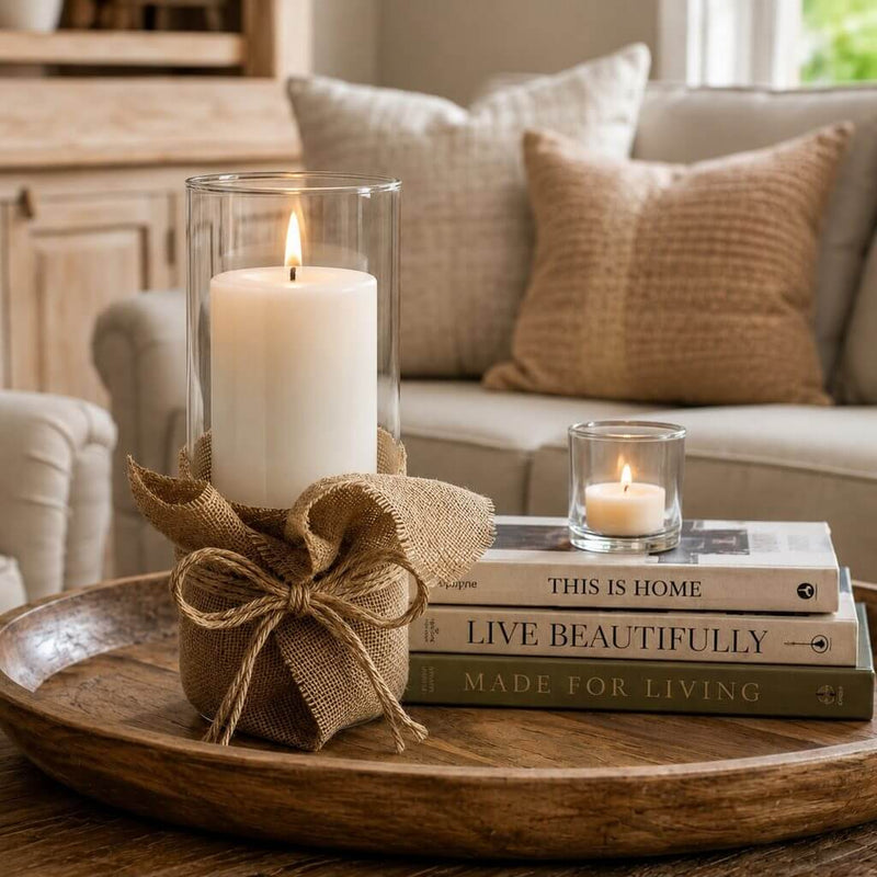 Glass candle holder wrapped in a burlap wrap square with a twine bow on a wooden tray - thumbnail number 7
