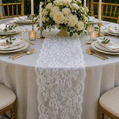 White Chantilly lace table runner on a wedding table setup - thumbnail number 5