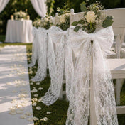 White Chantilly lace sashes on outdoor wedding chairs - thumbnail number 4