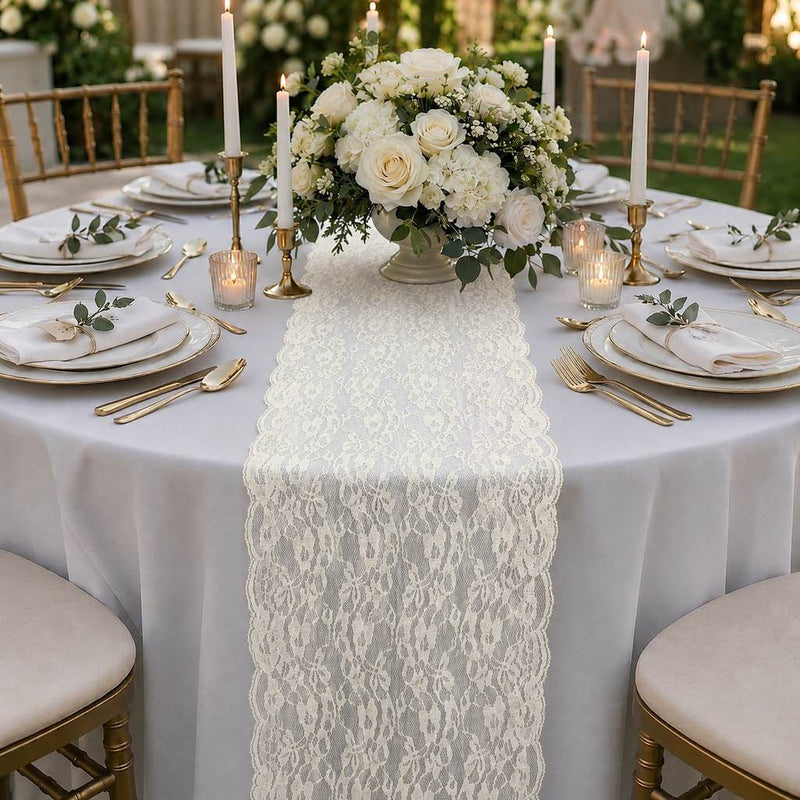 Ivory Chantilly lace runner on a round outdoor table - thumbnail number 3