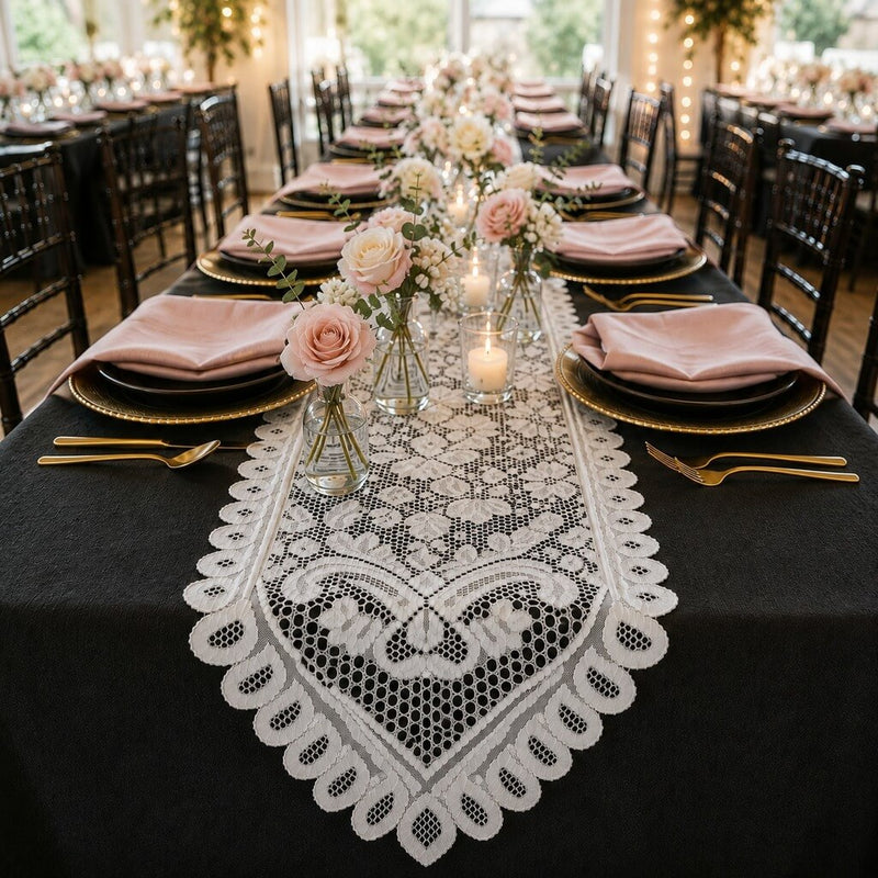 White lace table runner on a wedding dining table with pink roses and candles - thumbnail number 4