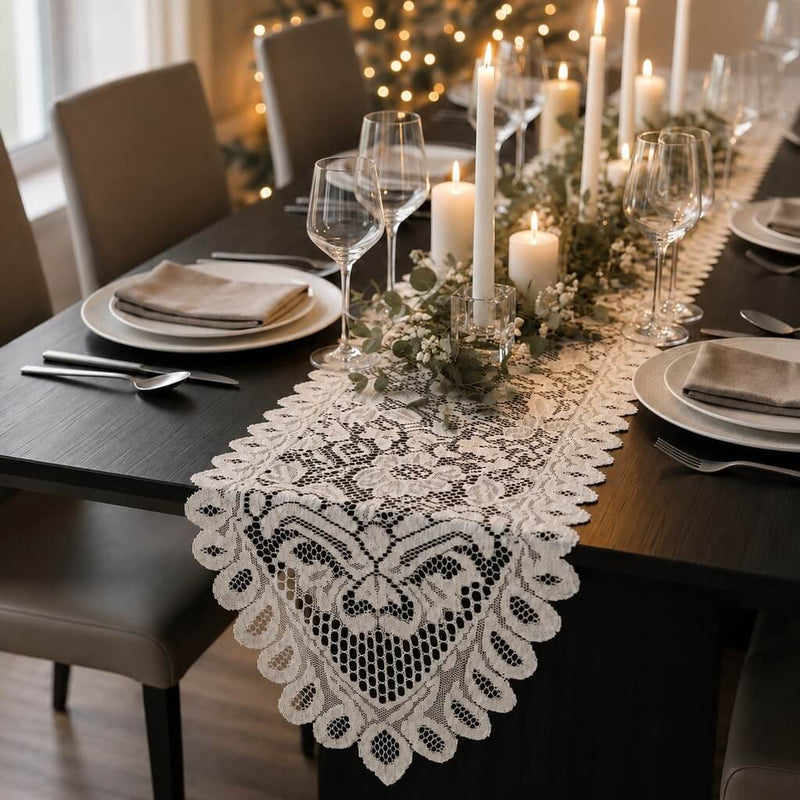White lace table runner on a dining table with candles and greenery - thumbnail number 5