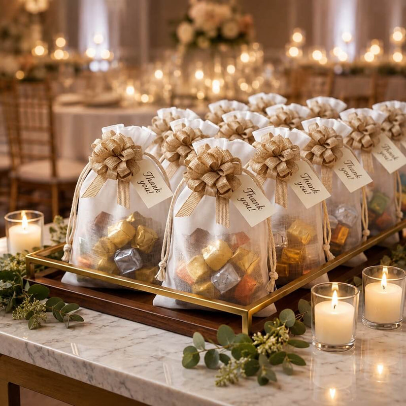 White favor bags with gold burlap pull bows and thank you tags filled with candies - thumbnail number 3