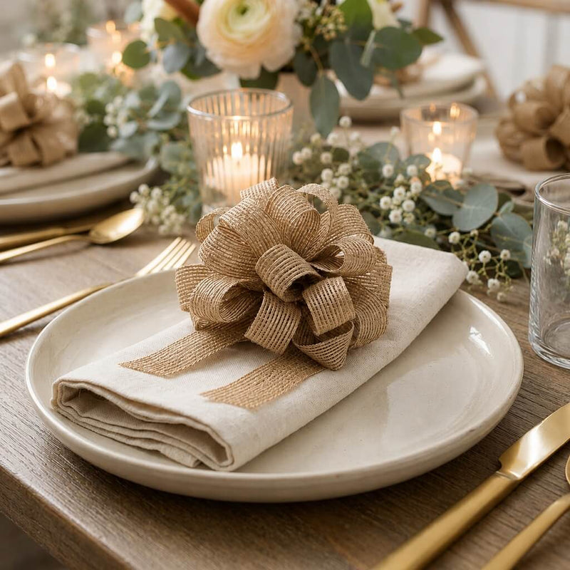 Natural burlap pull bow atop a folded napkin on a plate at a table setting - thumbnail number 4