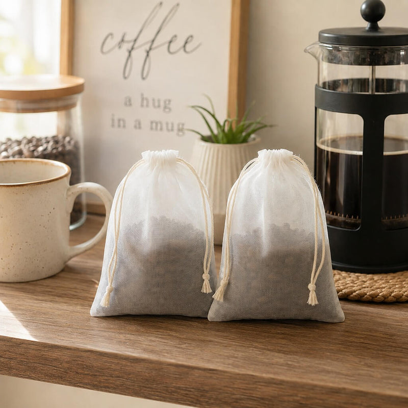 White 5x7in muslin favor bags filled with coffee beans, part of a 12-pack on a coffee station - thumbnail number 8