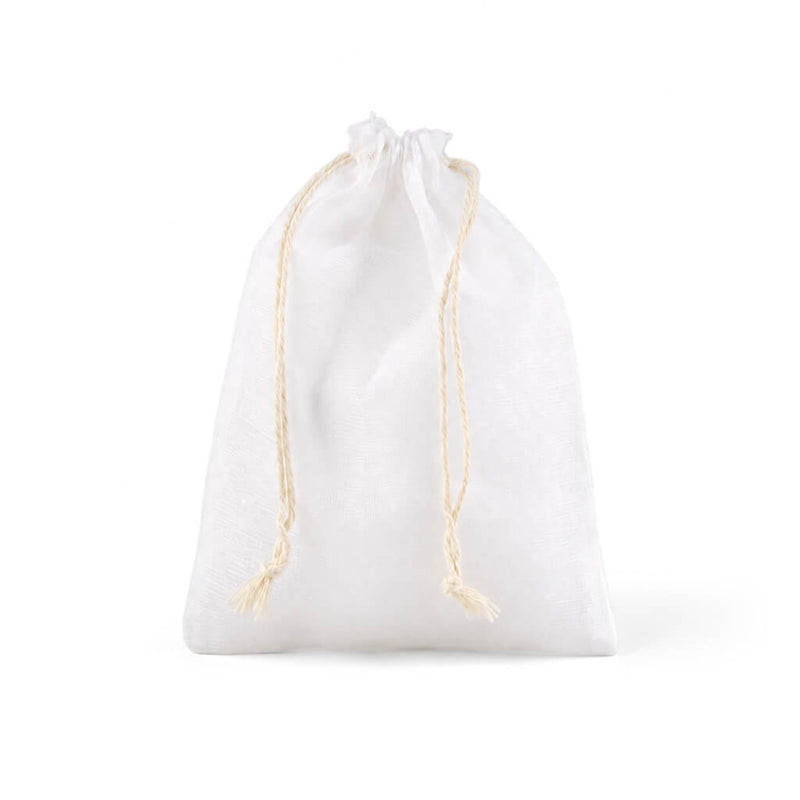 A white 5x7in muslin favor bag with a drawstring closure, part of a pack of 12 - thumbnail number 1