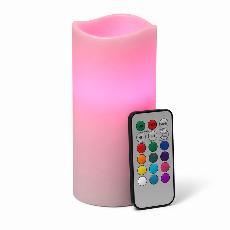 Flameless pink pillar candle with color remote on white surface - thumbnail number 4