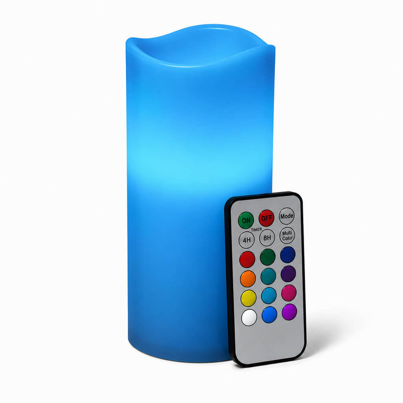 Blue flameless pillar candle and remote on clean white backdrop - thumbnail number 6