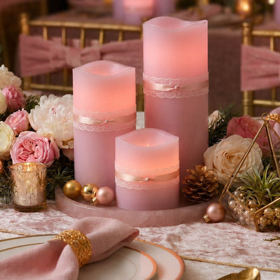 Pink LED pillar candles in different sizes with elegant floral tablescape - thumbnail number 10